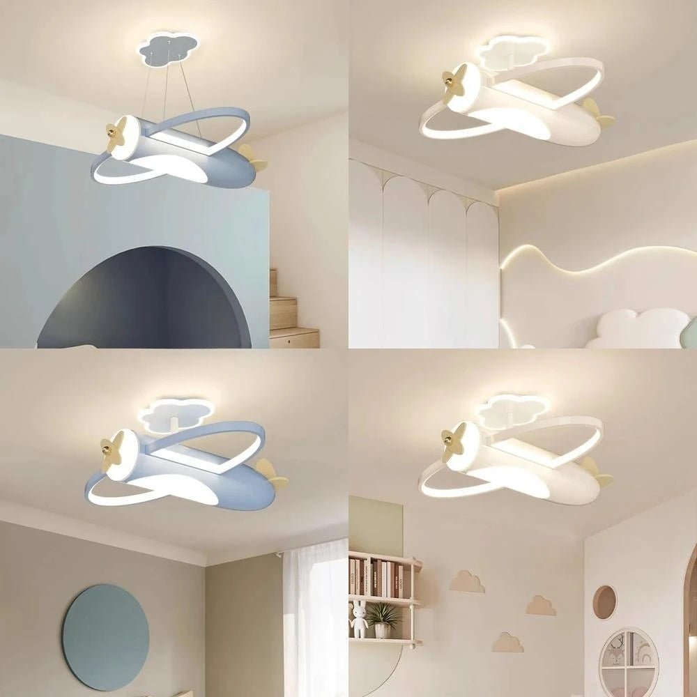 Lampe Enfant Plafonnier Avion Crème LED Ambiance Chaude Dimmer RC - Luminous Place