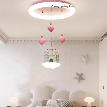 Lampe Enfant Plafonnier LED Télécommande Design Château Coeur Rose - Luminous Place