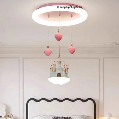 Lampe Enfant Plafonnier LED Télécommande Design Château Coeur Rose - Luminous Place