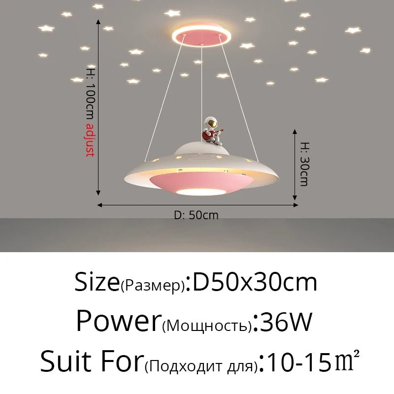 Lampe Enfant Suspension UFO Étoilée en Alliage Chrome, Lumière Variable Bleue/Rose - Luminous Place