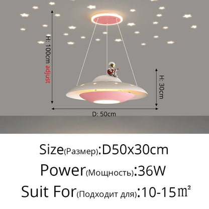 Lampe Enfant Suspension UFO Étoilée en Alliage Chrome, Lumière Variable Bleue/Rose - Luminous Place