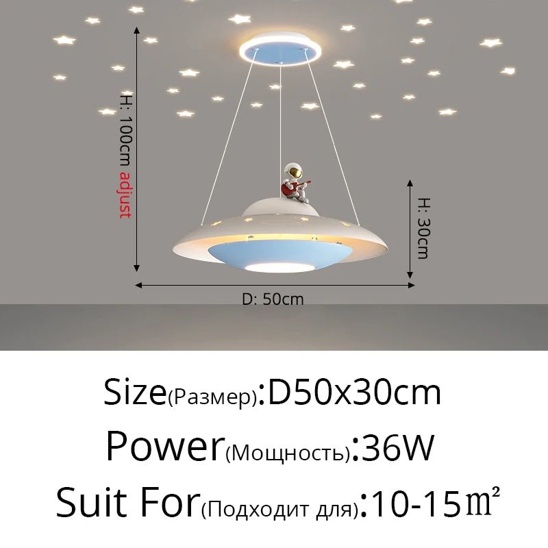 Lampe Enfant Suspension UFO Étoilée en Alliage Chrome, Lumière Variable Bleue/Rose - Luminous Place