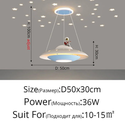 Lampe Enfant Suspension UFO Étoilée en Alliage Chrome, Lumière Variable Bleue/Rose - Luminous Place