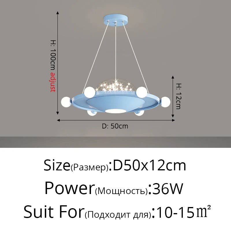 Lampe Enfant Suspension UFO Étoilée en Alliage Chrome, Lumière Variable Bleue/Rose - Luminous Place