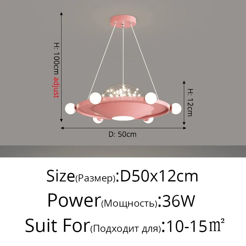 Lampe Enfant Suspension UFO Étoilée en Alliage Chrome, Lumière Variable Bleue/Rose - Luminous Place