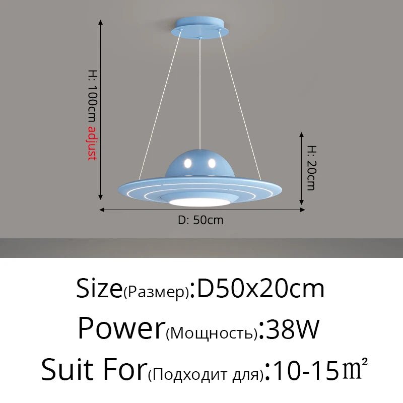 Lampe Enfant Suspension UFO Étoilée en Alliage Chrome, Lumière Variable Bleue/Rose - Luminous Place