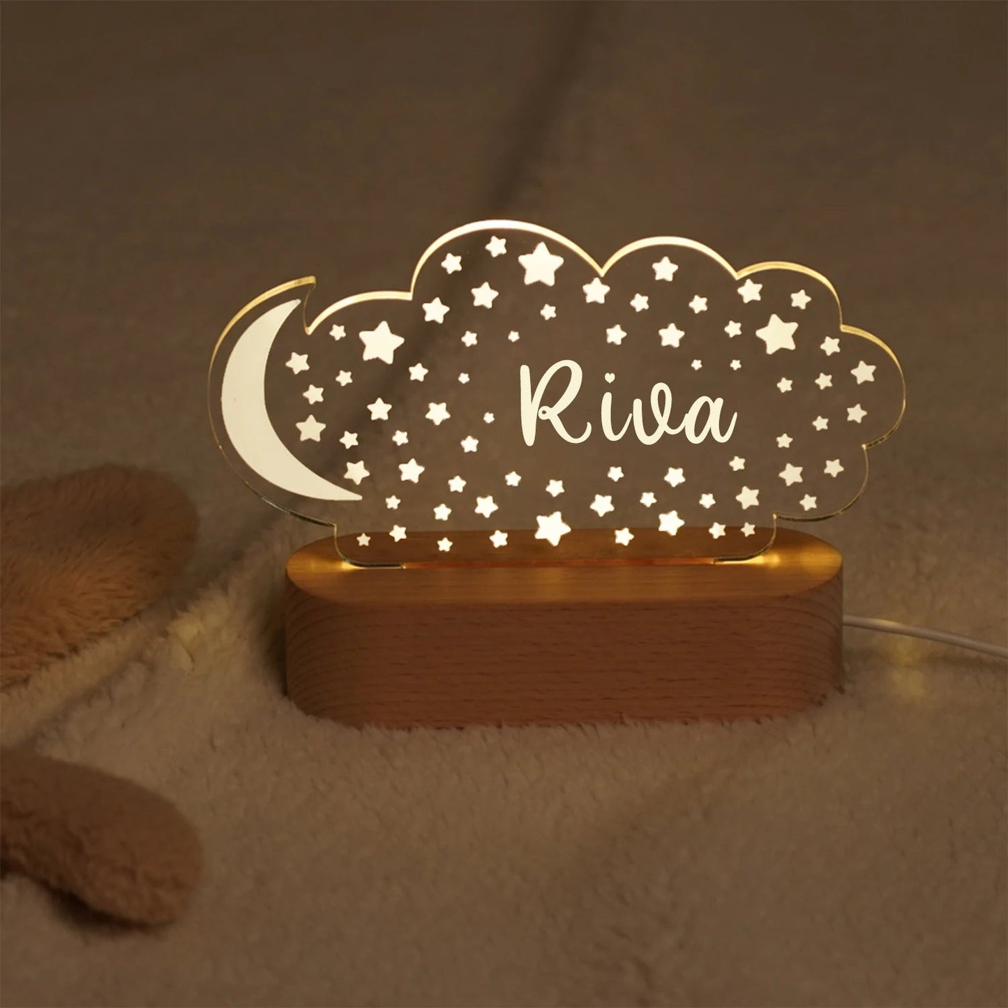 Lampe Enfant USB personnalisée en bois avec lumière LED douce pour chambre bébé - Luminous Place