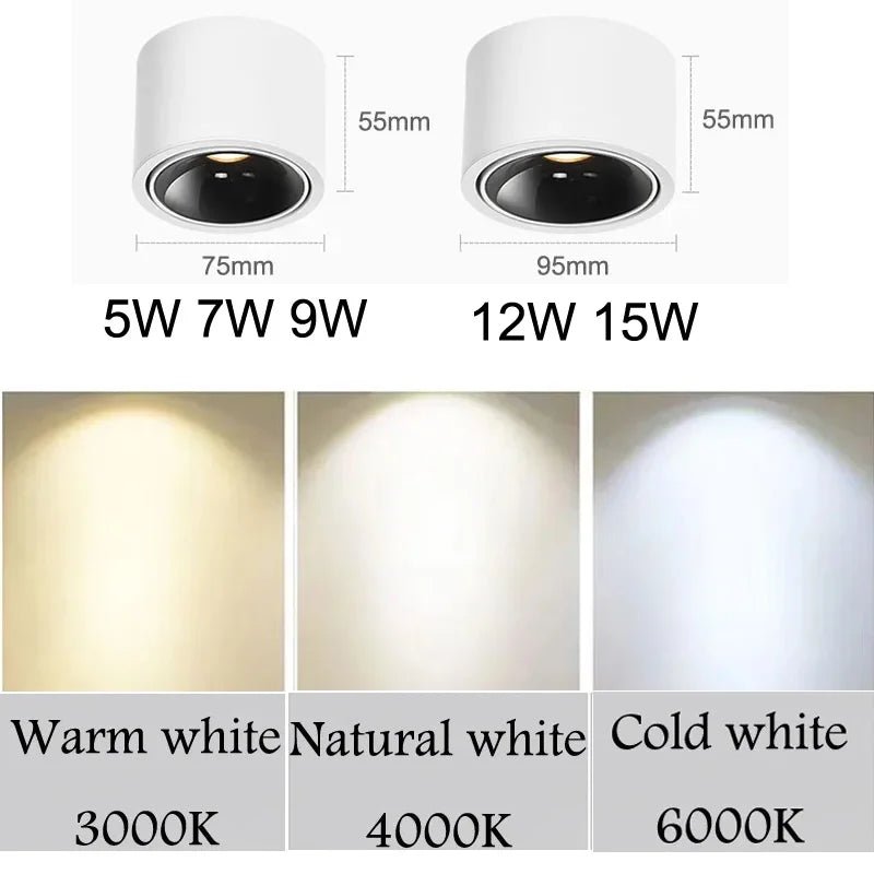 Spot Eclairage LED COB à Angle Réglable, Plafonnier Surface 5W - 15W, Lumière Chaude & Naturelle - Luminous Place